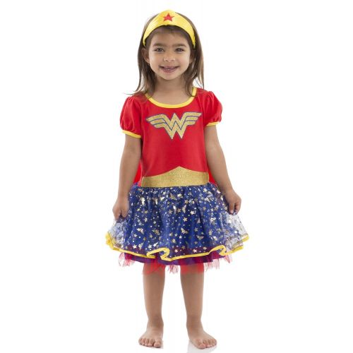  Warner Bros Wonder Woman Girls Costume Dress with Gold Tiara Headband and Cape, Red