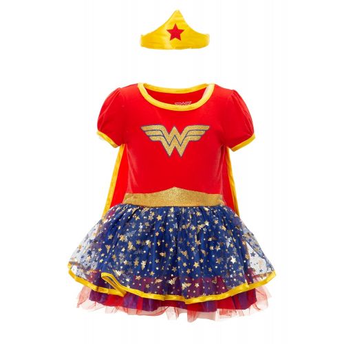  Warner Bros Wonder Woman Girls Costume Dress with Gold Tiara Headband and Cape, Red