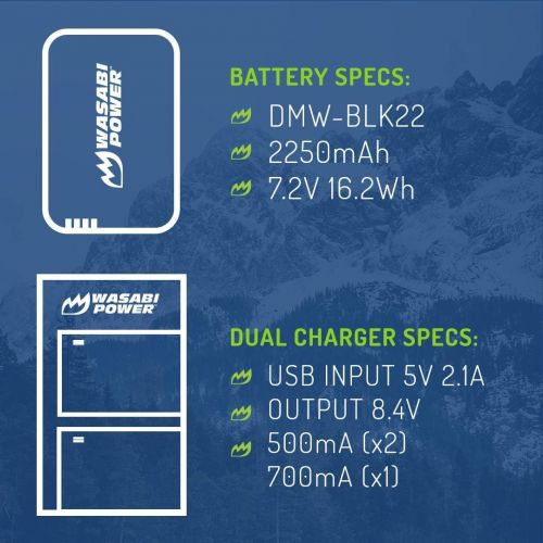  Wasabi Power Battery (2-Pack) and USB-C Dual Battery Charger for a Panasonic DMW-BLK22 High Capacity Battery and Panasonic Lumix DC-S5 Digital Cameras, Panasonic Lumix GH6, Panason