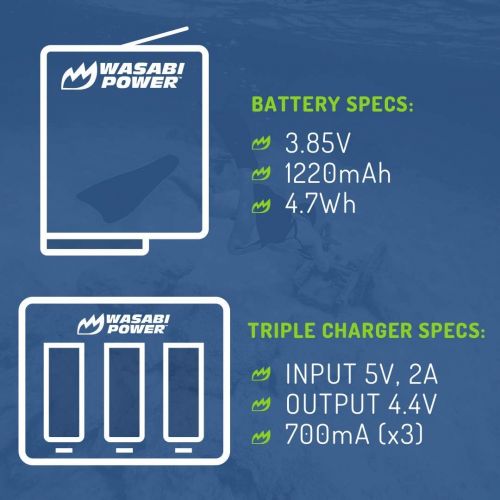  Wasabi Power Battery (3-Pack) and Triple Charger for Hero 7, Hero 6, Hero 5