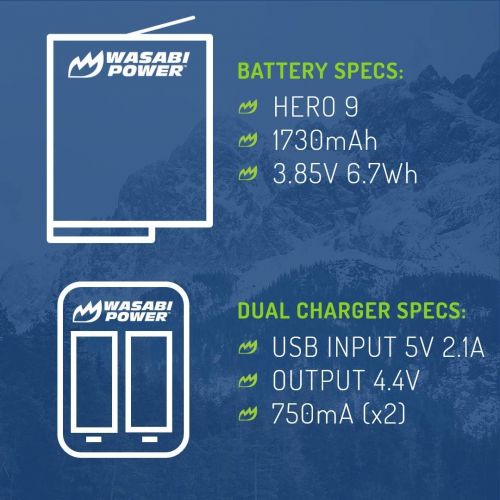  Wasabi Power HERO9 Battery (2-Pack) and Dual Charger for GoPro Hero 9 Black (Fully Compatible with GoPro Hero 9 Original Battery and Charger)