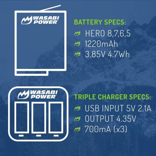  Wasabi Power Battery (4-Pack) and Triple Charger for GoPro Hero 8 Black (All Features Available), Hero 7 Black, Hero 6 Black, Hero 5 Black, Hero 2018, Fully Compatible with Origina
