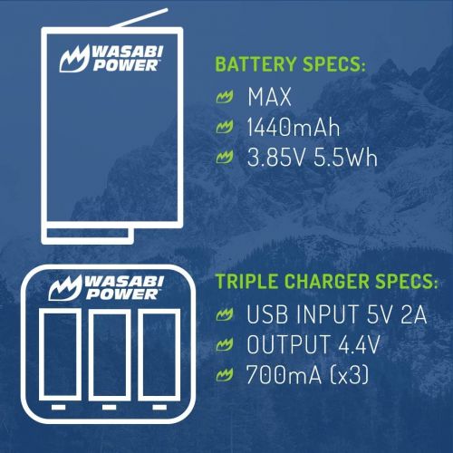  Wasabi Power Replacement for GoPro MAX Battery (2-Pack) and USB Triple Charger, High-Speed 3-Channel Charger Compatible with GoPro ACDBD-001, ACBAT-001 (Fully Compatible)
