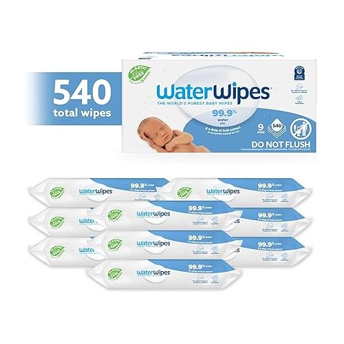  WaterWipes Plastic-Free Original-baby Wipes, 99.9% Water Based Wipes, Unscented & Hypoallergenic for Sensitive Skin, 60 Count (Pack of 9) Total 540 wipes, Packaging May Vary