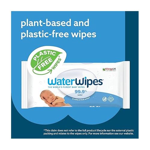  WaterWipes Plastic-Free Original-baby Wipes, 99.9% Water Based Wipes, Unscented & Hypoallergenic for Sensitive Skin, 60 Count (Pack of 9) Total 540 wipes, Packaging May Vary