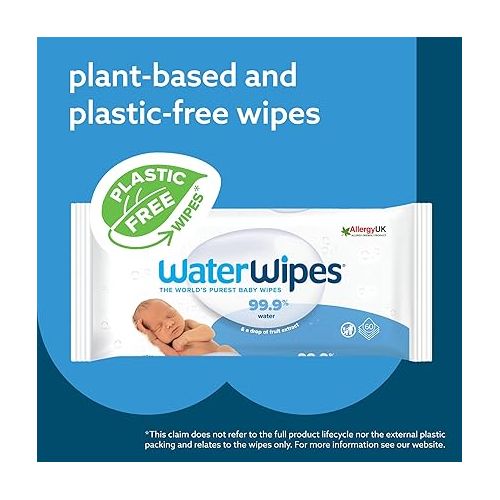  WaterWipes Plastic-Free Original Baby Wipes, 99.9% Water Based Wipes, Unscented & Hypoallergenic for Sensitive Skin, 60 Count (Pack of 12), Packaging May Vary