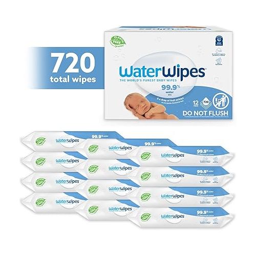  WaterWipes Plastic-Free Original Baby Wipes, 99.9% Water Based Wipes, Unscented & Hypoallergenic for Sensitive Skin, 60 Count (Pack of 12), Packaging May Vary