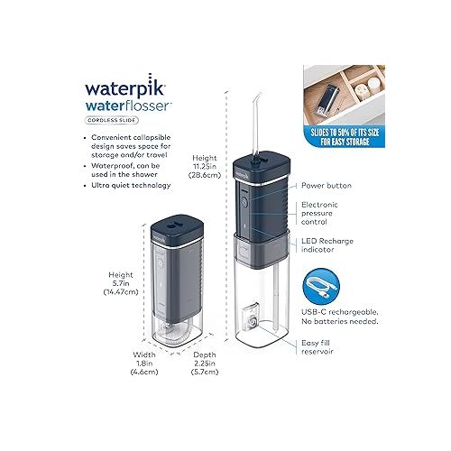  Waterpik Cordless Slide Professional Water Flosser, Portable Collapsible for Travel and Storage, with Travel Bag and 4 Tips, ADA Accepted, Rechargeable and Waterproof, Midnight Blue WF-17CD013-4