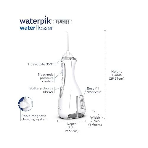  Waterpik Cordless Advanced Water Flosser For Teeth, Gums, Braces, Dental Care With Travel Bag and 4 Tips, ADA Accepted, Rechargeable, Portable, and Waterproof, White WP-580