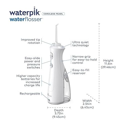  Waterpik Cordless Pearl Rechargeable Portable Water Flosser for Teeth, Gums, Braces Care and Travel with 4 Flossing Tips, ADA Accepted, Charger May Vary, WF-13 White