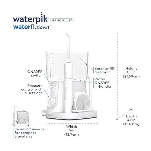  Waterpik Water Flosser For Teeth, Portable Electric Compact For Travel and Home - Nano Plus, WP-320, White - 1 Count(Pack of 1)