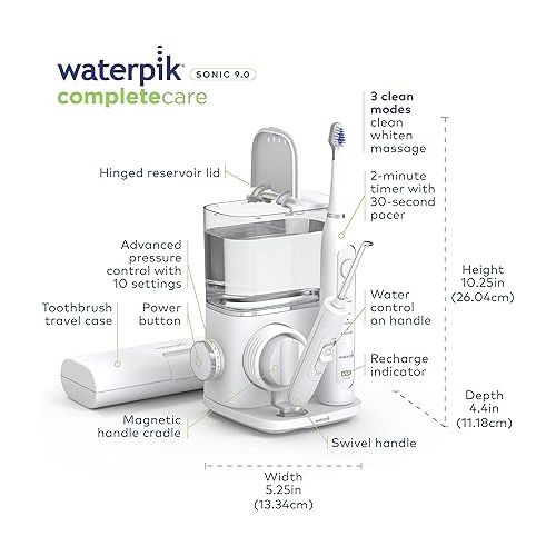  Waterpik Complete Care 9.0 Sonic Electric Toothbrush with Water Flosser, CC-01 White, 11 Piece Set