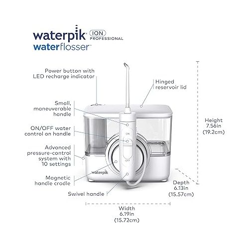  Waterpik ION Professional Cordless Water Flosser Teeth Cleaner Rechargeable and Portable, White, 1 Count