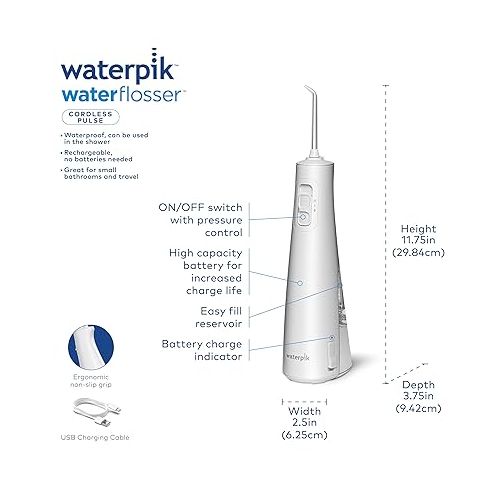  Waterpik Cordless Pulse Rechargeable Portable Water Flosser for Teeth, Gums, Braces Care and Travel with 2 Flossing Tips, Waterproof, ADA Accepted, WF-20 White