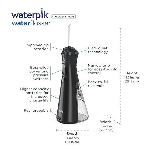  Waterpik Cordless Plus Water Flosser with 4 Flossing Tips, Rechargeable and Portable for Travel and Home, ADA Accepted, Black WP-462