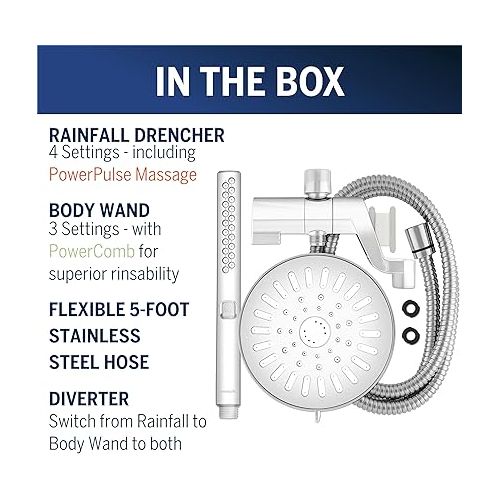  Waterpik High Pressure Handheld Wand and Rain Shower Head Combo with 8-Foot Long Metal Hose, BodyWand Spa System with 7 Spray Modes for Hair and Body, Chrome