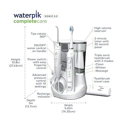  Waterpik Complete Care 5.0 Water Flosser + Sonic Electric Toothbrush, White WP-861