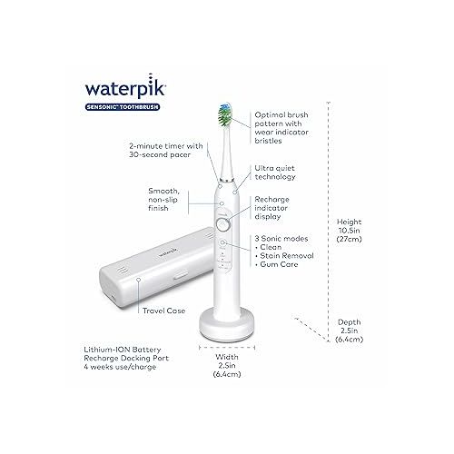  Waterpik Sensonic Sonic Electric Toothbrush, Rechargeable Toothbrush for Adults with 3 Modes, Travel Case, USB Charger, White STW-03W020