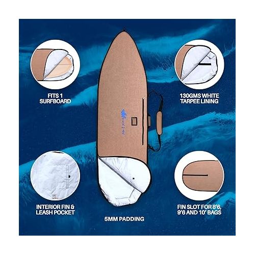  Wave Tribe Pioneer Surfboard Bag - Hemp Surf Bag with 5mm Padding, YKK Nickel-Plated Zipper, Fits 1 Board, Day Surfboard Bags Keep Board Safe, Easy to Carry Straps (5'10, 6', 6'6, 7'6, 8'6, 9'6, 10')