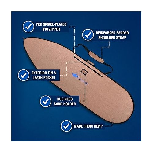  Wave Tribe Pioneer Surfboard Bag - Hemp Surf Bag with 5mm Padding, YKK Nickel-Plated Zipper, Fits 1 Board, Day Surfboard Bags Keep Board Safe, Easy to Carry Straps (5'10, 6', 6'6, 7'6, 8'6, 9'6, 10')