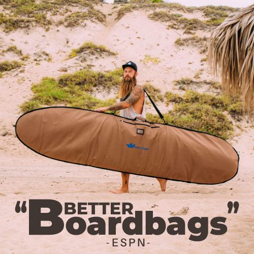  Wave Tribe Surfboard Bag - Hemp Boardbag Keeps Surfboard Cool + Alloy Reflection - Never Break Nickel Plated Zippers, 4 Pockets (Grizzly Bear Brown, Fits 1 Board)