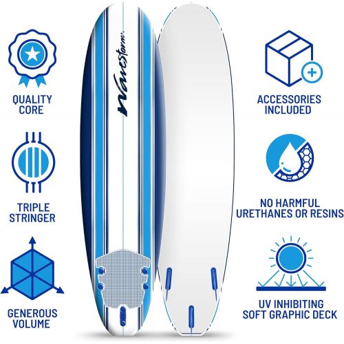  Wavestorm - Classic Soft Top Foam 7ft Surfboard Surfboard for Beginners and All Surfing Levels Complete Set Includes Leash and Multiple Fins Heat Laminated, Blue Pinline (AZ22-WSSF