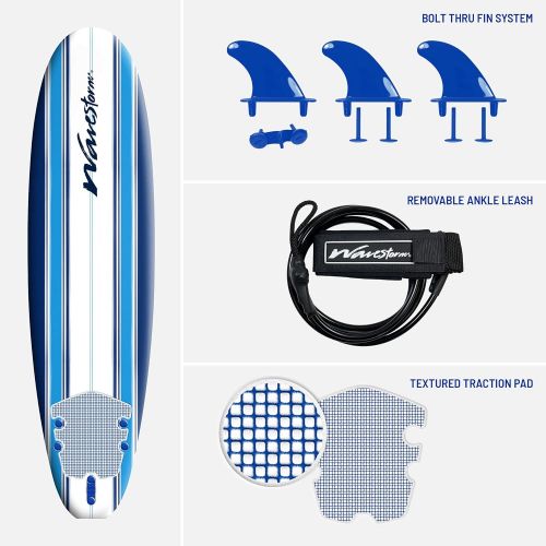  Wavestorm - Classic Soft Top Foam 7ft Surfboard Surfboard for Beginners and All Surfing Levels Complete Set Includes Leash and Multiple Fins Heat Laminated, Blue Pinline (AZ22-WSSF