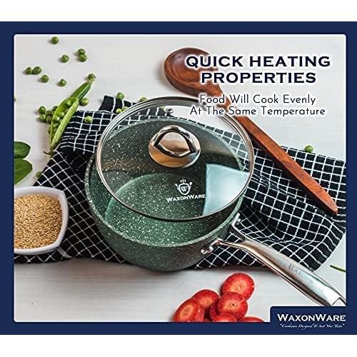  [아마존베스트]WaxonWare 2.5 Quart Stone Nonstick Saucepan With Glass Lid, Scratch Resistant Non Toxic APEO PFOA Free Nonstick Cookware Cooking Pot, Induction Compatible, Dishwasher & Oven Safe (