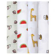 Way Fair Ultra Soft Muslin Cotton Swaddle Baby Blankets - Monkey, Watermelon, Giraffe & Bee Print - Perfect Baby Shower Gift - Pack of 4, Size 47x47 Inches