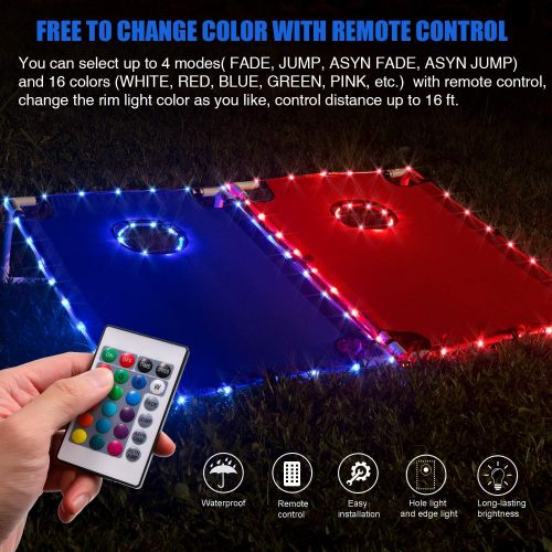  Waybelive LED PVC Framed Cornhole LED Light Set, Remote Control Lights 16 Colors Change Ring LED Lights and Cornhole Board Edge for Bean Bag Toss Cornhole Game Portable for Indoor and Outdoo