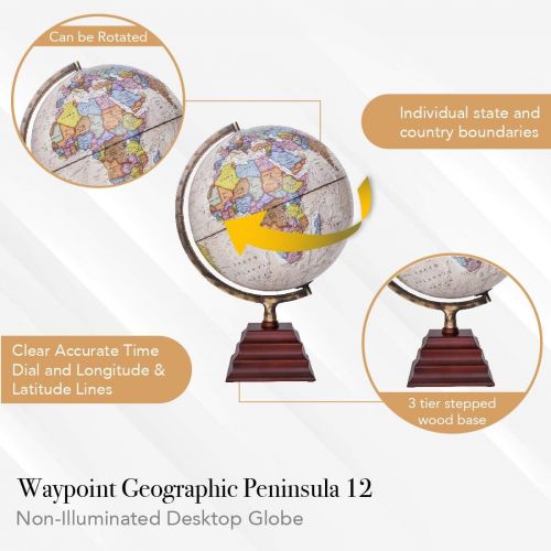  Waypoint Geographic Peninsula 12 inch Globe with Stand - Over 4,000 UP-TO-DATE Points of Interest - Pagoda Style Stand & Politically Styled World Globe for Home, Office & Classroom