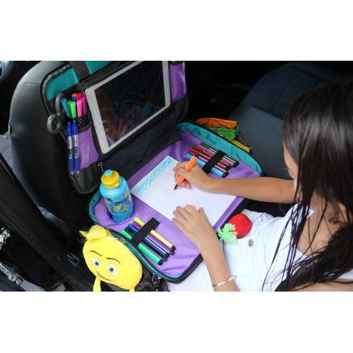  Wazza products 2 in 1 Kids Travel Tray Plus Organizer Toddler Activity Snack Play Tray with iPad Tablet Holder, Storage Mesh Pockets, Cup Holder & Pen Straps, Detachable Lap Table for...