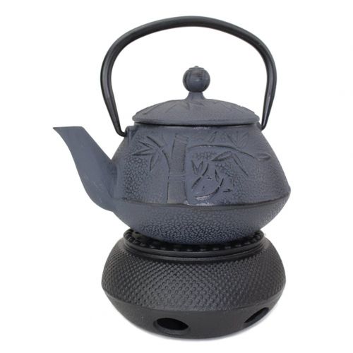  We pay your sales tax Japanese Antique 24 Fl Oz Dark Blue Bamboo Design Cast Iron Teapot Tetsubin with Infuser + Tea Pot Warmer (Black)