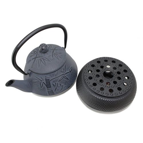  We pay your sales tax Japanese Antique 24 Fl Oz Dark Blue Bamboo Design Cast Iron Teapot Tetsubin with Infuser + Tea Pot Warmer (Black)