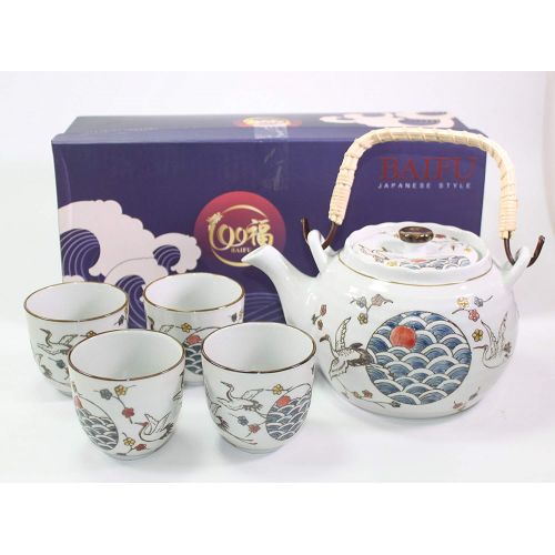  We pay your sales tax White Crane Heron Japanese Teapot set with 4 Tea Cups ~ Japanese Antique Design and Filter Gift/Birthday gift/Kitchen/Teapot/idea for gift ~ We Pay Your Sales Tax