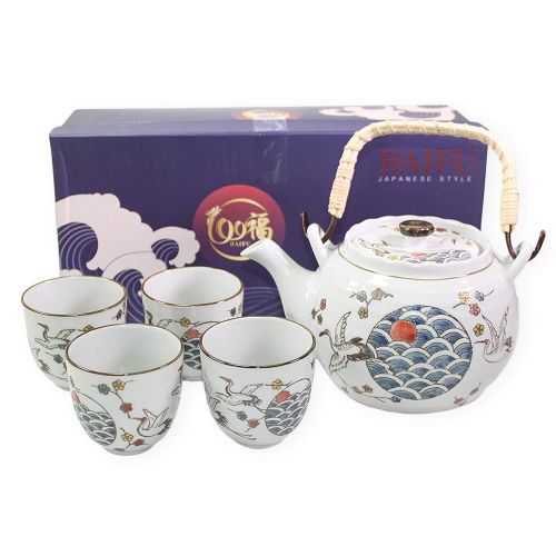  We pay your sales tax White Crane Heron Japanese Teapot set with 4 Tea Cups ~ Japanese Antique Design and Filter Gift/Birthday gift/Kitchen/Teapot/idea for gift ~ We Pay Your Sales Tax