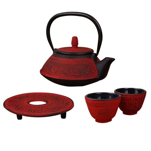 We pay your sales tax 5 Pcs Japanese Cast Iron Tetsubin Tea Set ティポット Antique 24 Fl Oz Dark Red Vintage Teapot + 2 Cups 1 Infuser 1 Trivet (Stand) Retro Fortune Design Packed in a nice gift box