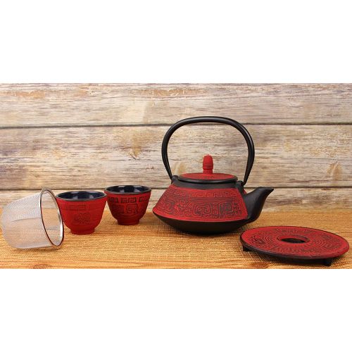  We pay your sales tax 5 Pcs Japanese Cast Iron Tetsubin Tea Set ティポット Antique 24 Fl Oz Dark Red Vintage Teapot + 2 Cups 1 Infuser 1 Trivet (Stand) Retro Fortune Design Packed in a nice gift box