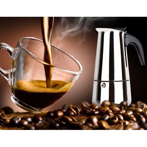  WeHome 6-Cup Stovetop Espresso Maker Italian Moka Coffee Pot - Best Polished Stainless Steel Coffee Percolator with Permanent Filter and Heat Resistant Handle For Home and Office Use