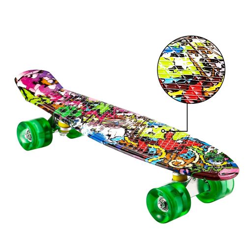  WeSkate Mini Cruiser Skateboard Retro Komplettboard, 22 55cm Vintage Skate Board mit Kunststoff Deck und blinkenden LED-rollen, Cruiser-Board mit LED Leuchtrollen fuer Erwachsene Ki