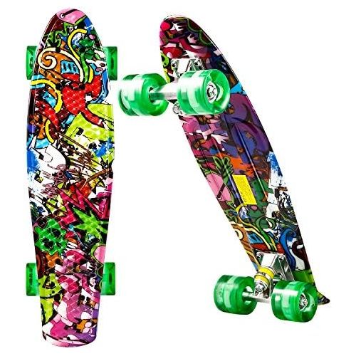  WeSkate Mini Cruiser Skateboard Retro Komplettboard, 22 55cm Vintage Skate Board mit Kunststoff Deck und blinkenden LED-rollen, Cruiser-Board mit LED Leuchtrollen fuer Erwachsene Ki