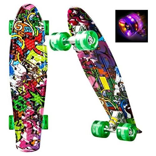  WeSkate Mini Cruiser Skateboard Retro Komplettboard, 22 55cm Vintage Skate Board mit Kunststoff Deck und blinkenden LED-rollen, Cruiser-Board mit LED Leuchtrollen fuer Erwachsene Ki