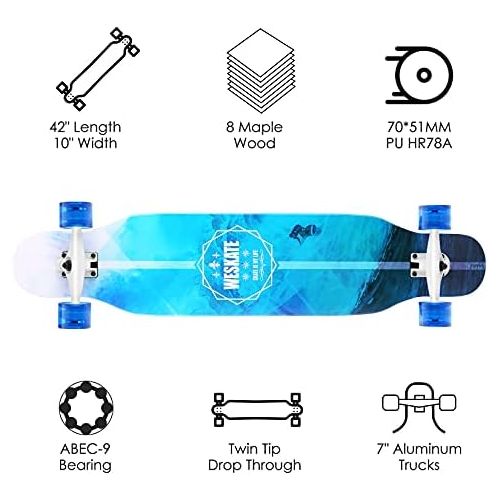  WeSkate Longboards 42 Skateboard for Teen Girls Adults Beginners, Complete Skateboard with ABEC-9 Bearings, 8-ply Maple Drop-Through Freeride Skateboards Cruiser with Tool