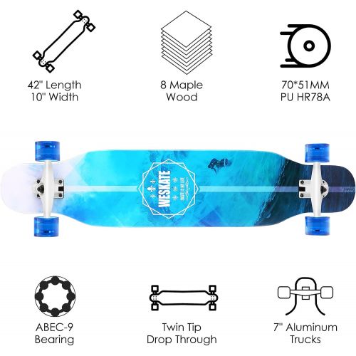  WeSkate Longboards 42 Skateboard for Teen Girls Adults Beginners, Complete Skateboard with ABEC-9 Bearings, 8-ply Maple Drop-Through Freeride Skateboards Cruiser with Tool