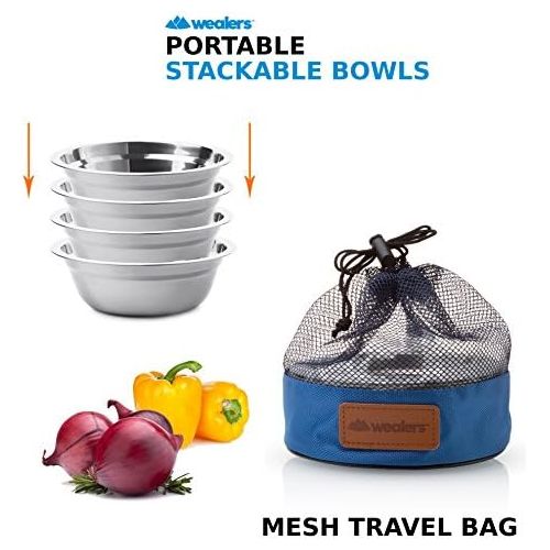  Wealers Stainless Steel Bowl Set - 6 inch Ultra-Portable Dinnerware Round BPA Free Bowls with Mesh Travel Bag for Outdoor Camping | Hiking | Picnic | BBQ | Beach
