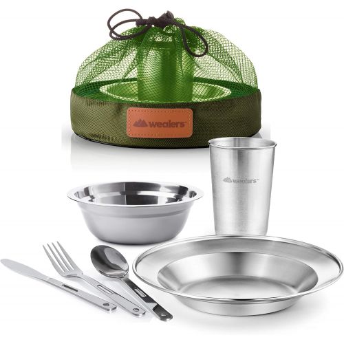  Wealers Unique Complete Messware Kit Polished Stainless Steel Dishes Set| Tableware| Dinnerware| Camping| Includes - Cups | Plates| Bowls| Cutlery| Comes in Mesh Bags
