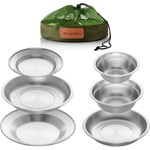  Wealers Stainless Steel Plates and Bowls Camping Set Small and Large Dinnerware for Kids, Adults, Family Camping, Hiking, Beach, Outdoor Use Incl. Travel Bag (6 Piece Kit)