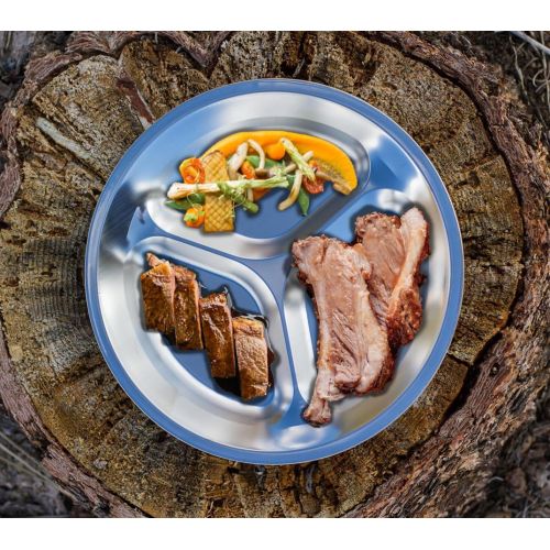  Wealers Stainless Steel Plate Set Portable Dinnerware Set of 4 Round BPA Free, Sectioned Plates with Mesh Travel Bag for Outdoor Camping Hiking Picnic BBQ Beach