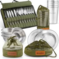 Wealers Unique Complete Messware Kit Polished Stainless Steel Dishes Set Tableware Dinnerware Camping Buffet Includes - Cups Plates Bowls Cutlery Comes in Mesh Bags (4 Person Set)