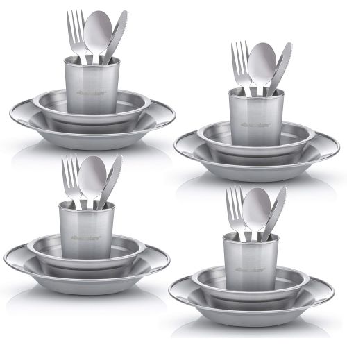  Wealers Unique Complete Messware Kit Polished Stainless Steel Dishes Set Tableware Dinnerware Camping Buffet Includes - Cups Plates Bowls Cutlery Comes in Mesh Bags (4 Person Set)